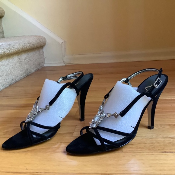 Nina Marmar Black Velvet Rhinestone High Heel Sandals SZ 39 - Picture 2 of 16